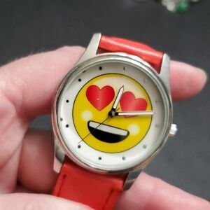 Red and yellow happy face emoji watch
